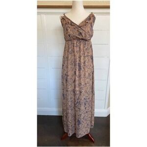 Nordstrom Soprano Brown Tan w/Navy Flowers Sheer Ruffled‎ Flowy Dress XS NWT